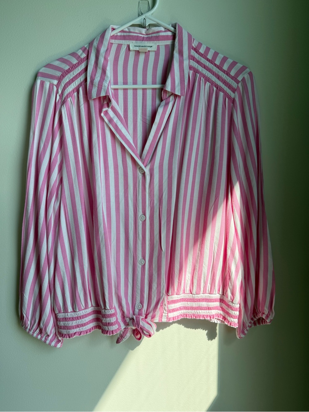 beachlunchlounge Pink and White Striped Tie-Hem Button Down Top